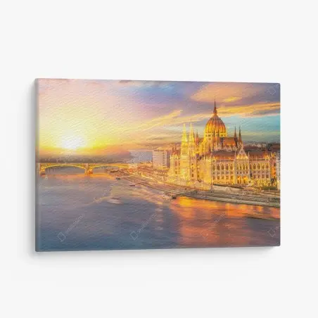 Leinwandbild goldener sonnenuntergang über dem parlament von Budapest – Pixers®