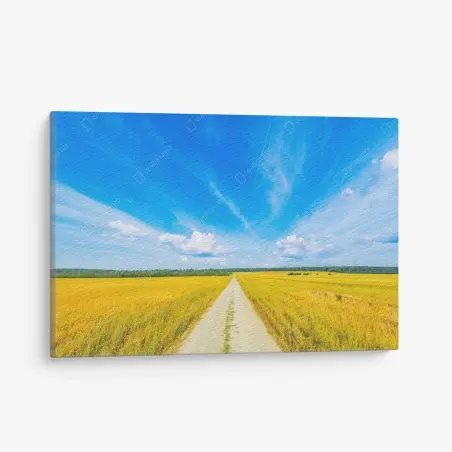 Leinwandbild goldene wiese unter weitem blauem himmel – Pixers®