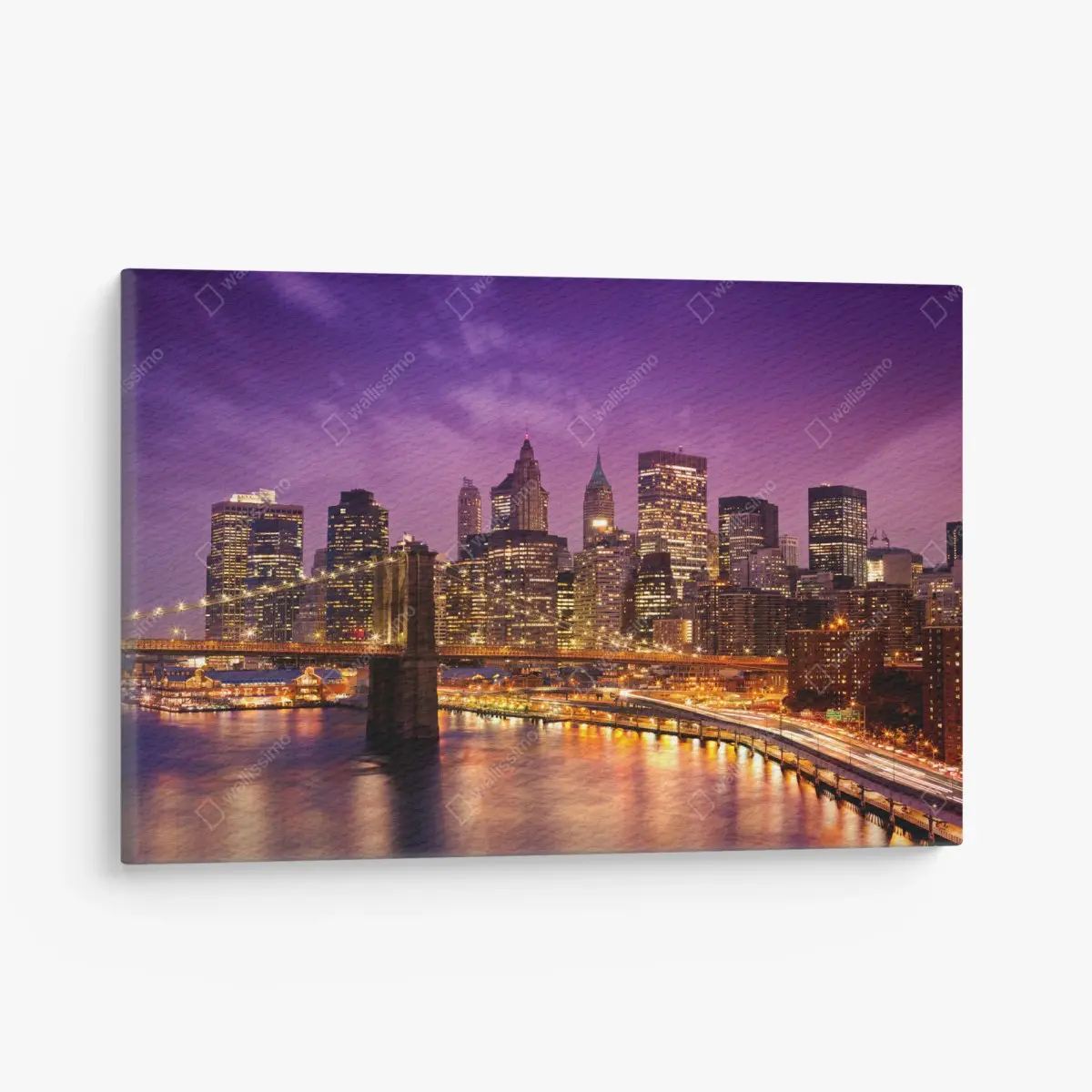 Leinwandbild violette skyline über leuchtender stadt und brücke – Pixers®