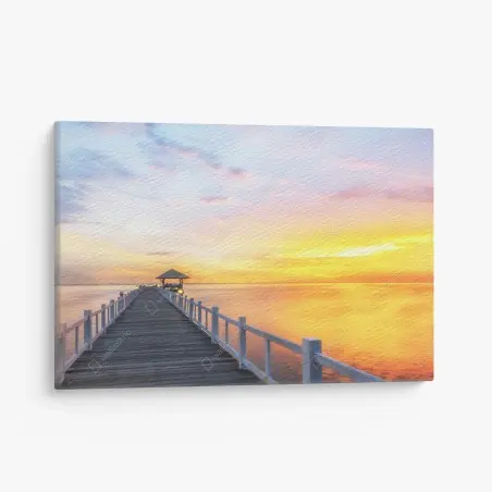 Leinwandbild hölzerner steg im sonnenaufgang – Pixers®