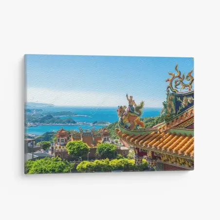 Leinwandbild tempel mit blick auf die küste von Jiufen, Taiwan – Pixers®