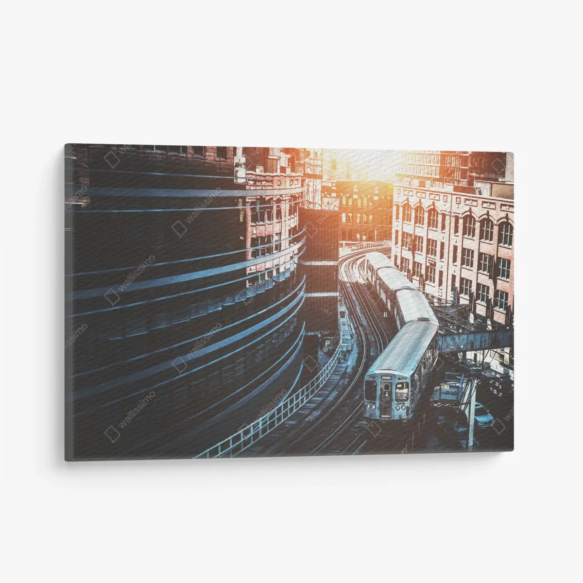 Leinwandbild Chicago hochbahn zwischen gebäuden – Pixers®