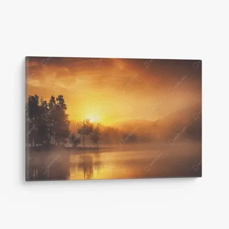 Leinwandbild goldener sonnenaufgang über dem nebligen see – Pixers®