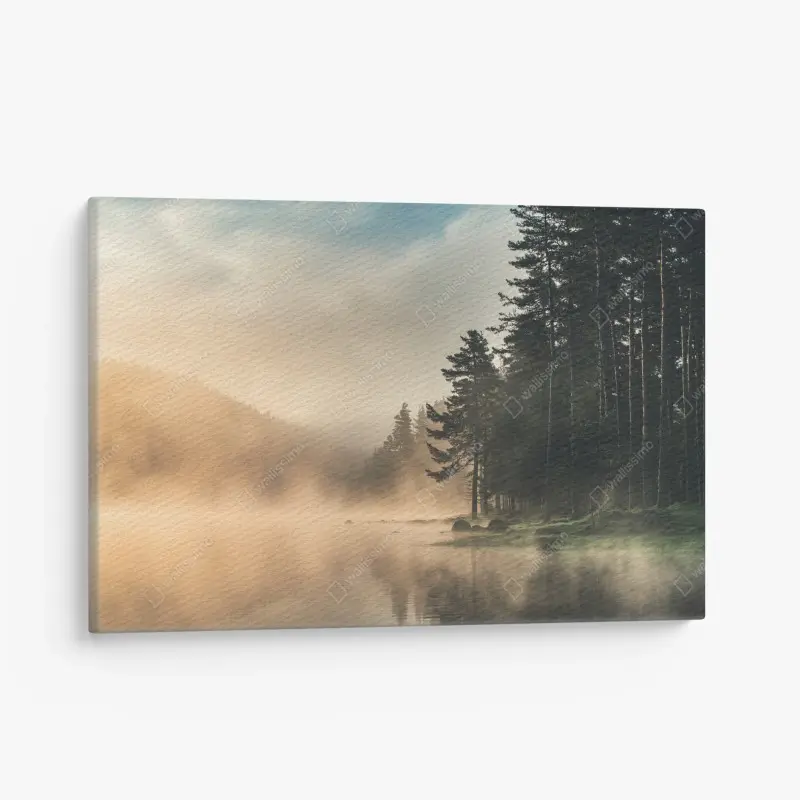 Leinwandbild nebliger sonnenaufgang über waldsee