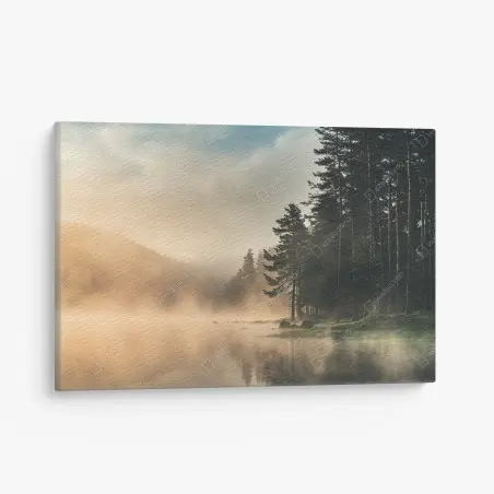 Leinwandbild nebliger sonnenaufgang über waldsee – Pixers®