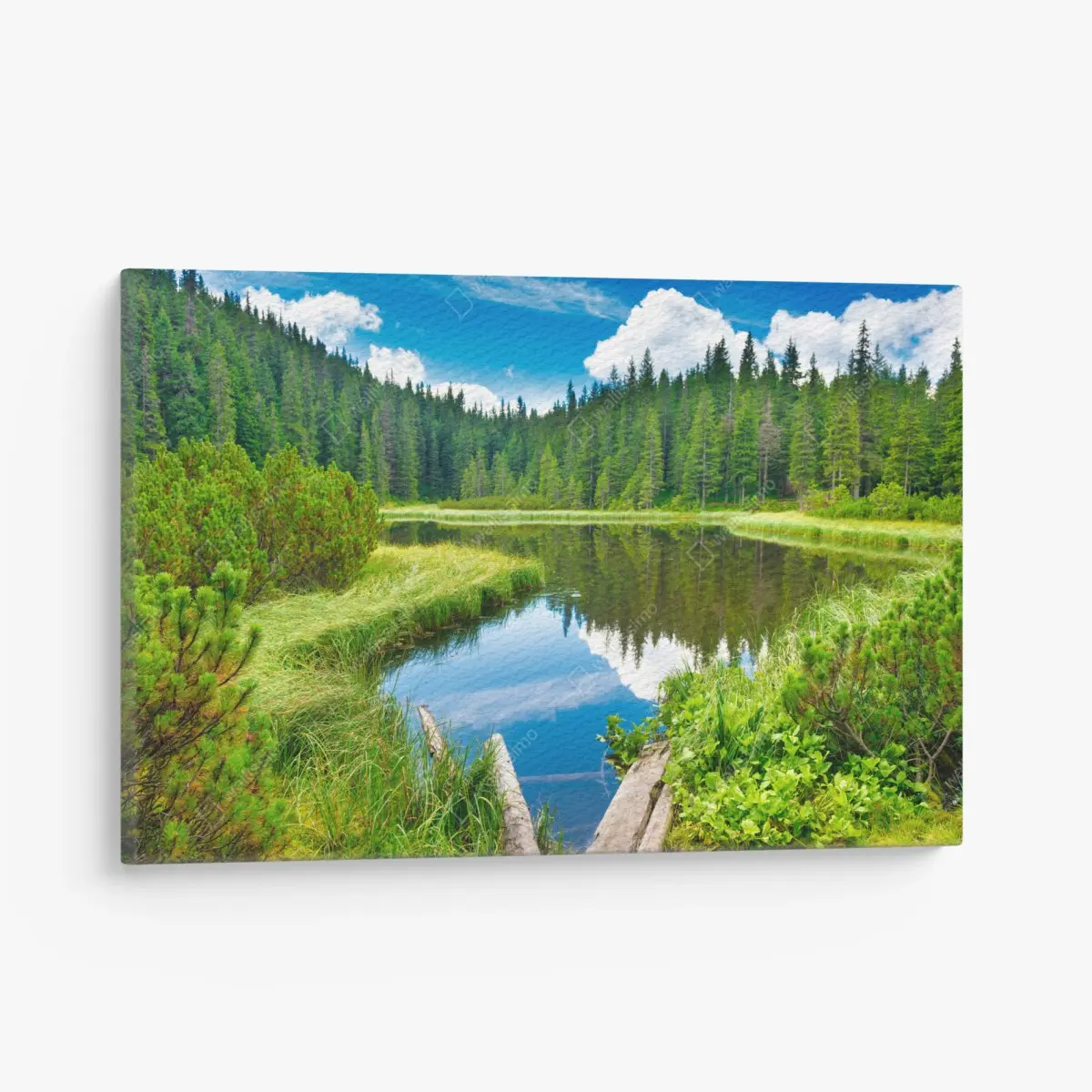 Leinwandbild ruhiger waldsee mit hölzerner brücke – Pixers®