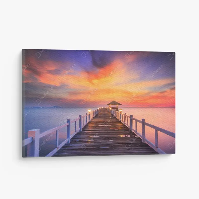 Leinwandbild holzsteg im sonnenaufgang