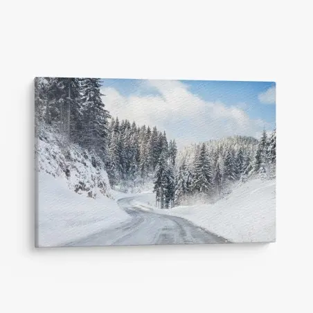 Leinwandbild winterstraße durch verschneiten nadelwald – Pixers®