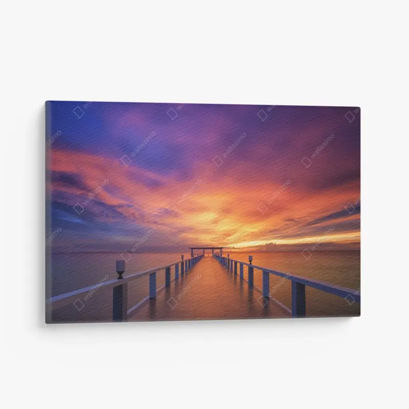 Leinwandbild sonnenuntergang am steg am strand