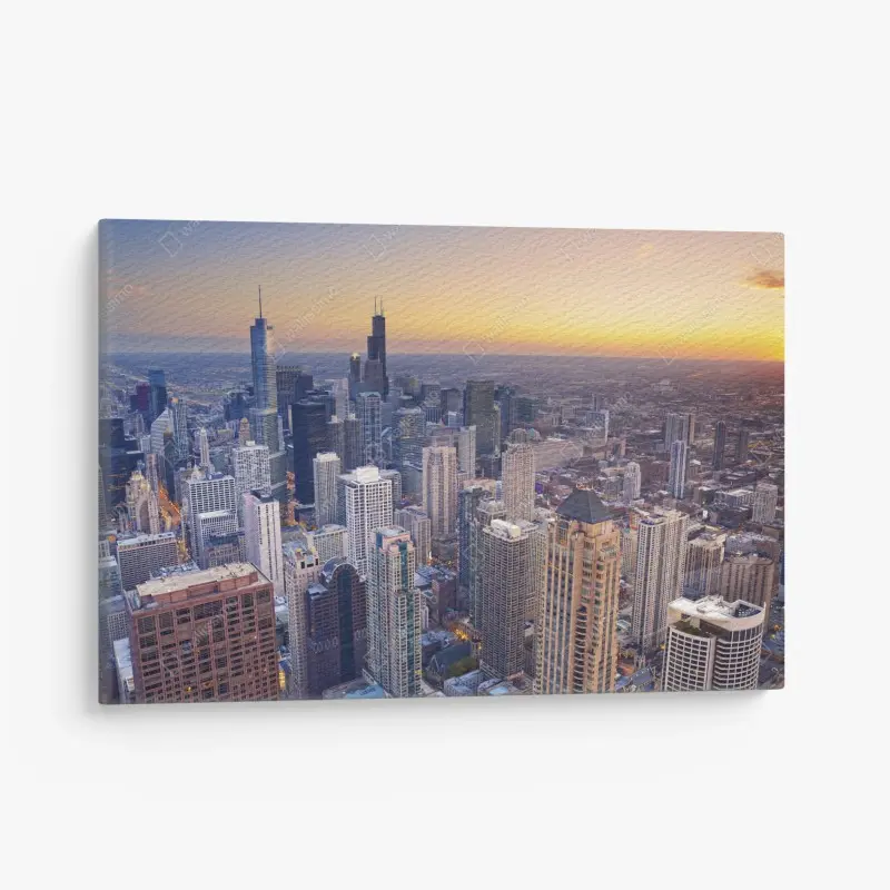 Leinwandbild stadtpanorama bei sonnenuntergang