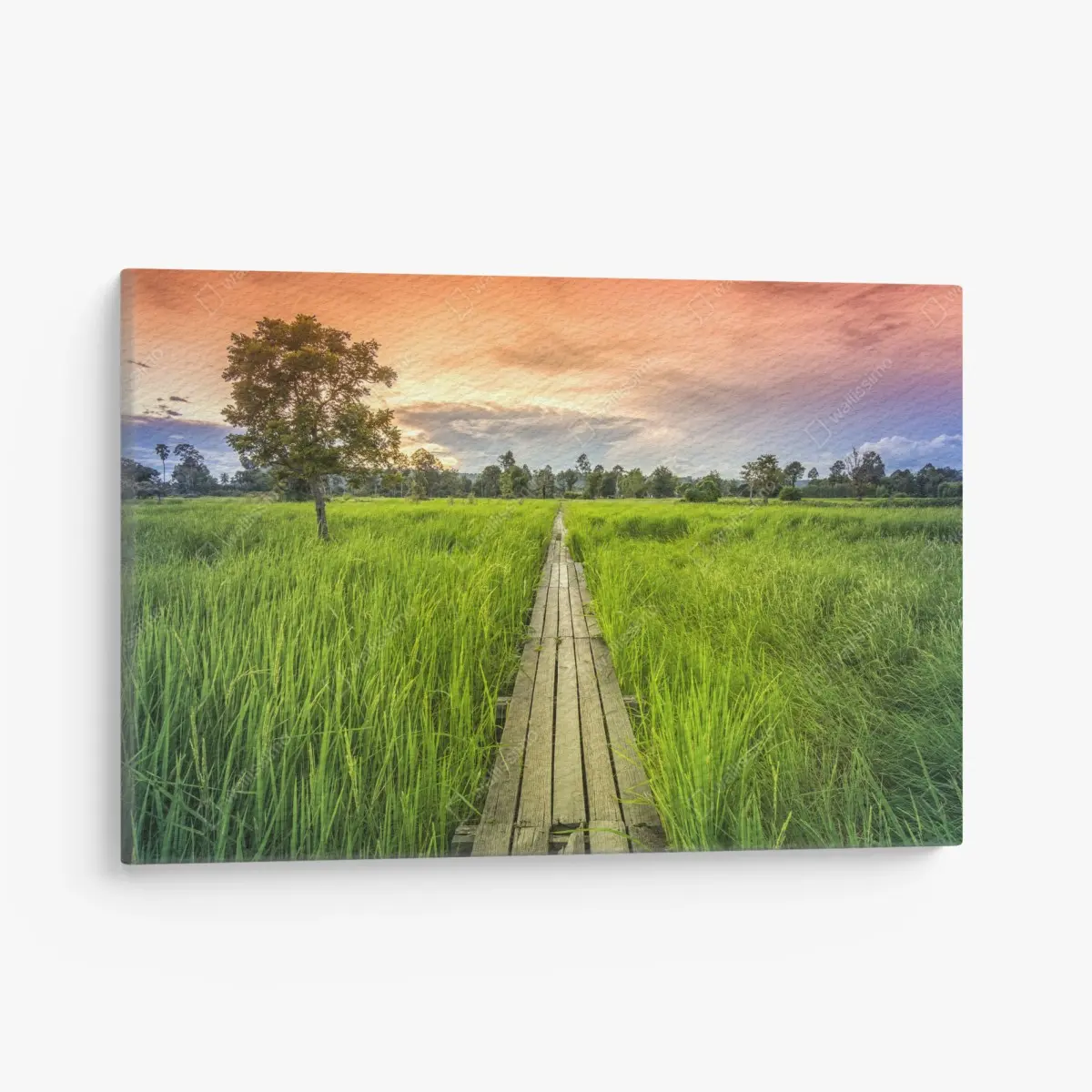 Leinwandbild sonnenuntergang über einer hölzernen brücke in Khonburi – Pixers®
