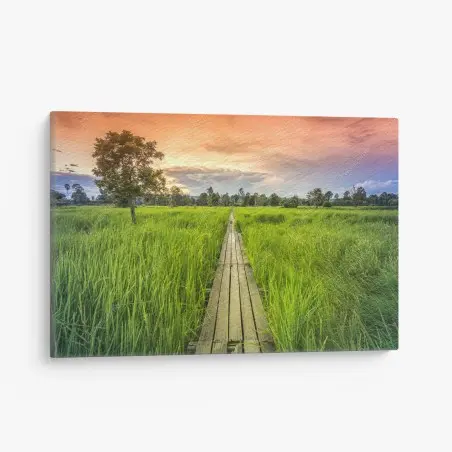Leinwandbild sonnenuntergang über einer hölzernen brücke in Khonburi – Pixers®