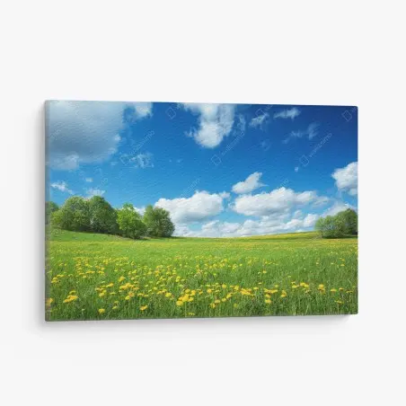 Leinwandbild sonnige wiese mit löwenzahn und blauem himmel – Pixers®
