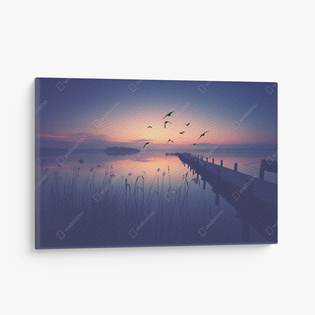 Leinwandbild ruhiger sonnenaufgang am see mit vögeln – Pixers®