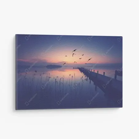 Leinwandbild ruhiger sonnenaufgang am see mit vögeln – Pixers®
