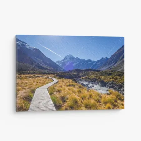 Leinwandbild holzsteg im Hooker Valley mit blick auf Aoraki Mount Cook – Pixers®