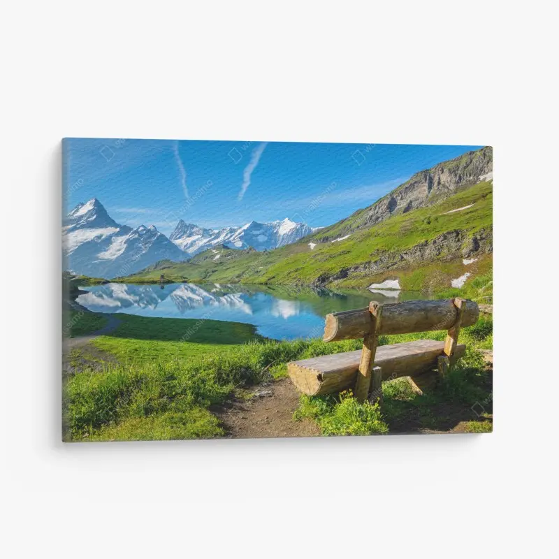 Leinwandbild alpensee mit hölzerner bank