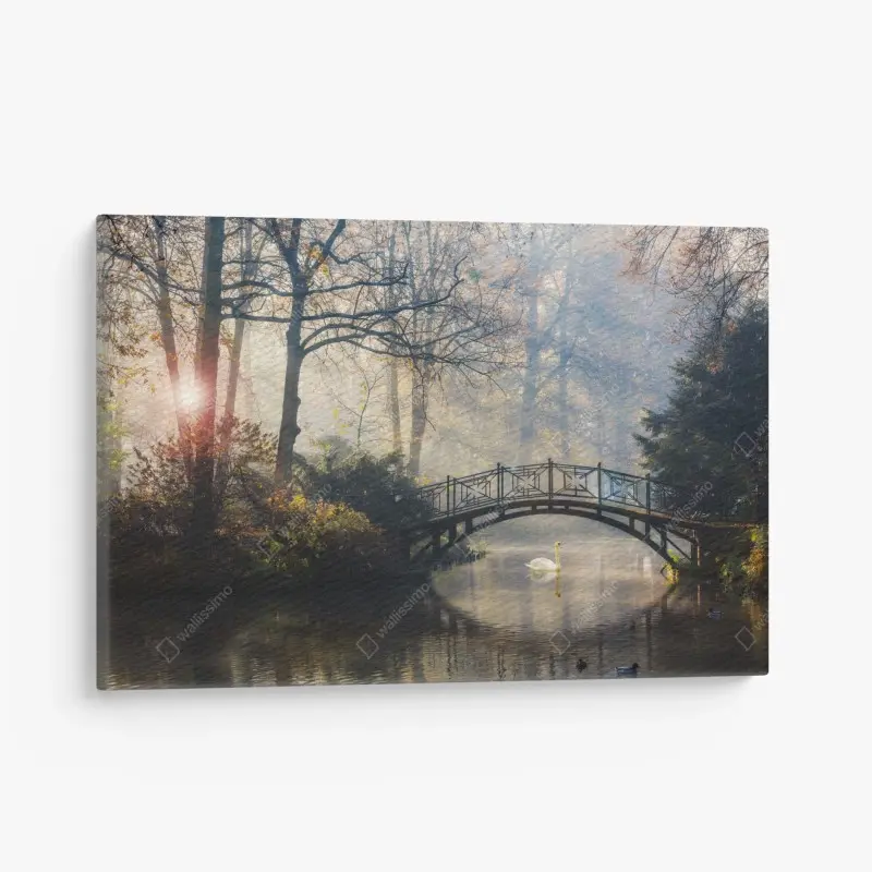 Leinwandbild neblige herbstbrücke mit schwan