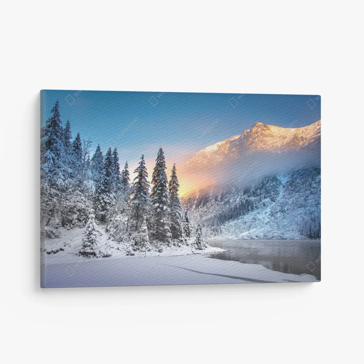 Leinwandbild wintermorgen über dem verschneiten bergsee – Pixers®