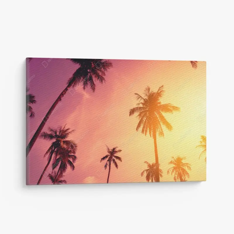 Leinwandbild tropischer sonnenuntergang mit palmen