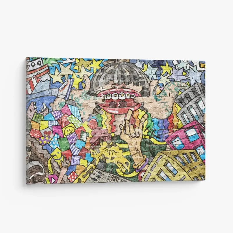 Leinwandbild buntes graffiti-mural mit verspielter figur