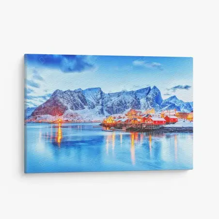 Leinwandbild verschneites küstendorf unter hohen bergen – Pixers®