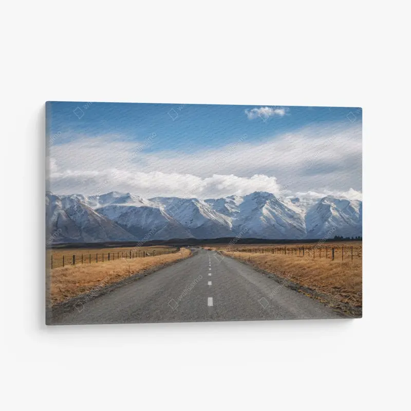 Leinwandbild straße zur schneebedeckten bergwelt, Neuseeland