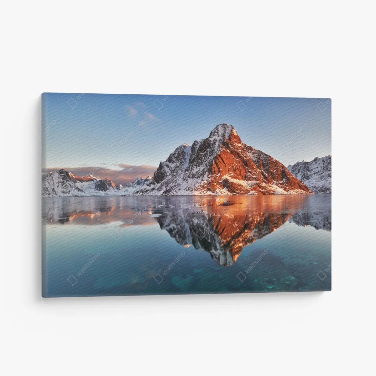 Leinwandbild Lofoten sonnenaufgang mit bergreflexion – Pixers®