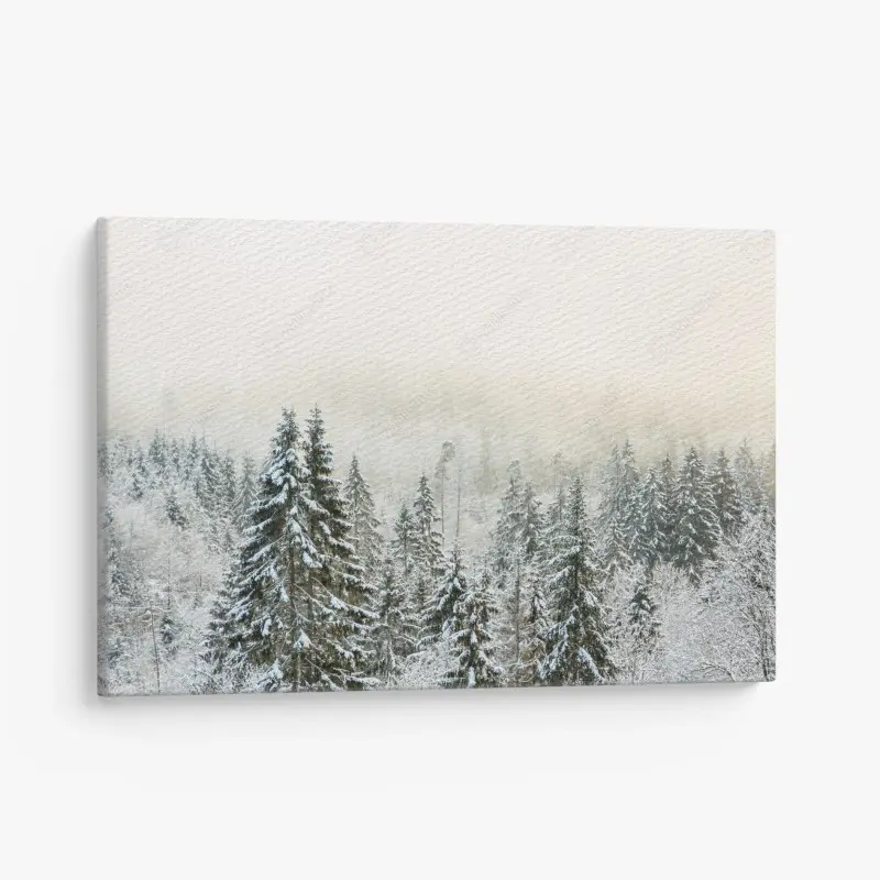 Leinwandbild verschneiter wald im sanften nebel