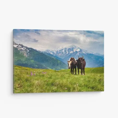 Leinwandbild alpenwiese mit grastenden kühen – Pixers®
