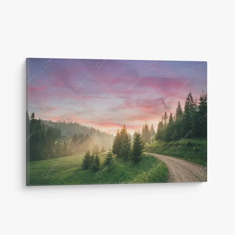 Leinwandbild nebliger sonnenuntergang im kiefernwald