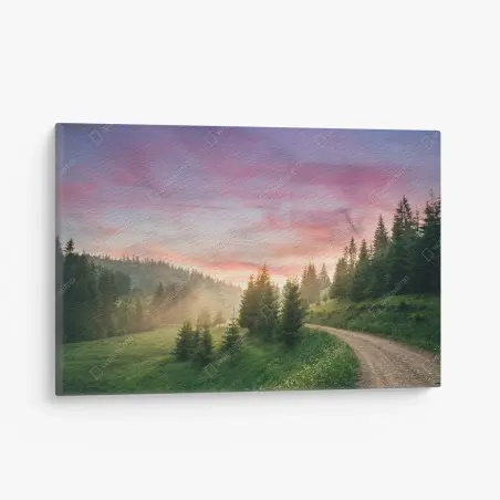 Leinwandbild nebliger sonnenuntergang im kiefernwald – Pixers®