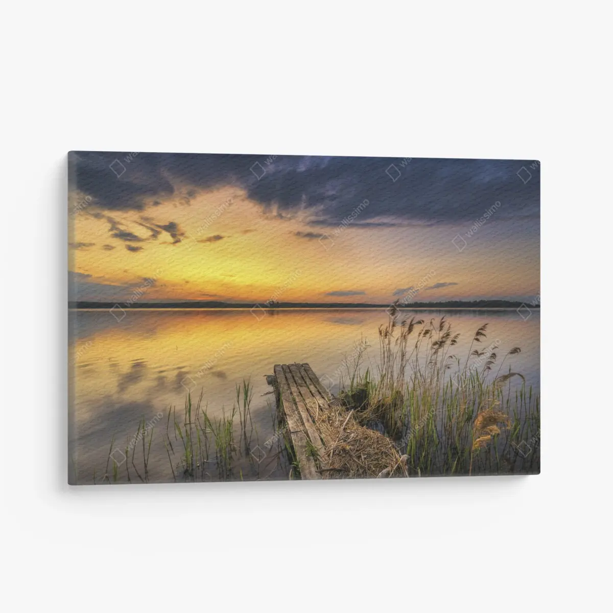 Leinwandbild goldener sonnenuntergang am see mit steg – Pixers®