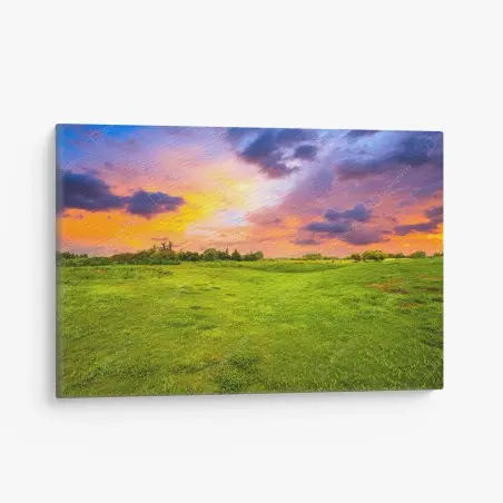 Leinwandbild sonnenuntergang über grüner wiese – Pixers®