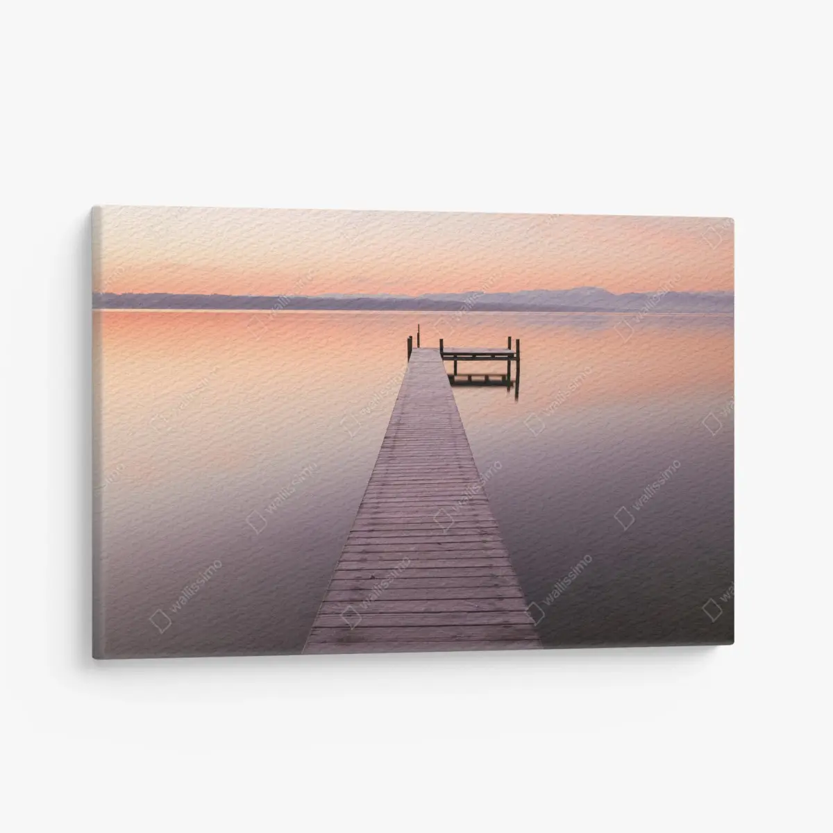 Leinwandbild ruhiger steg im frühaufgang über pastellfarbenem see – Pixers®