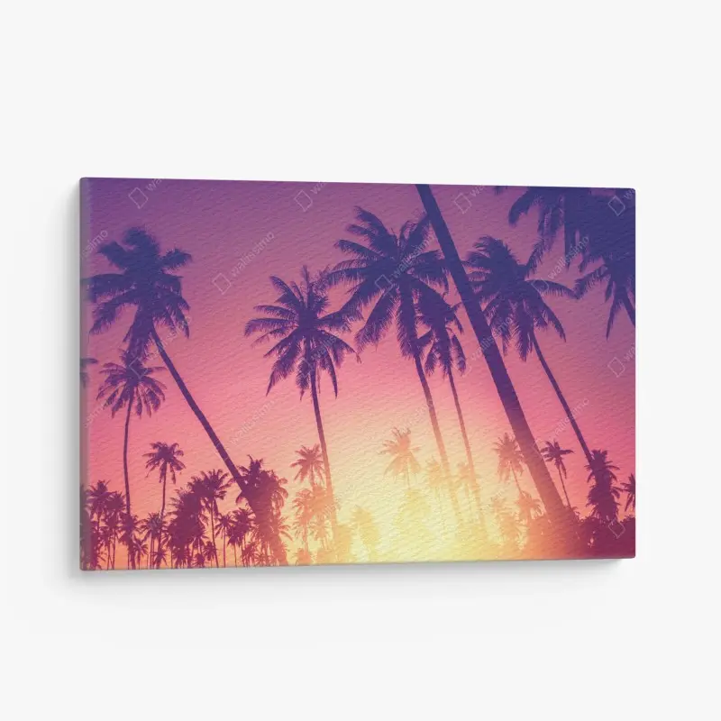 Leinwandbild tropischer sonnenuntergang mit palmensilhouette