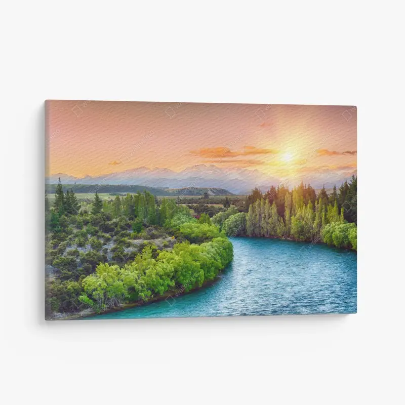 Leinwandbild sonnenuntergang über dem Clutha River und den Südalpen