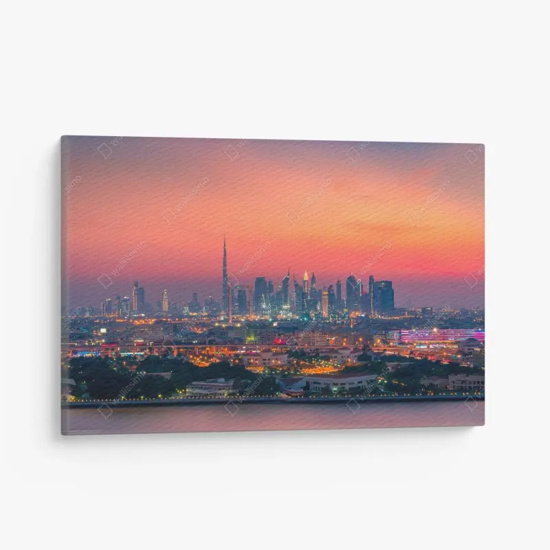 Leinwandbild Dubai skyline bei sonnenuntergang