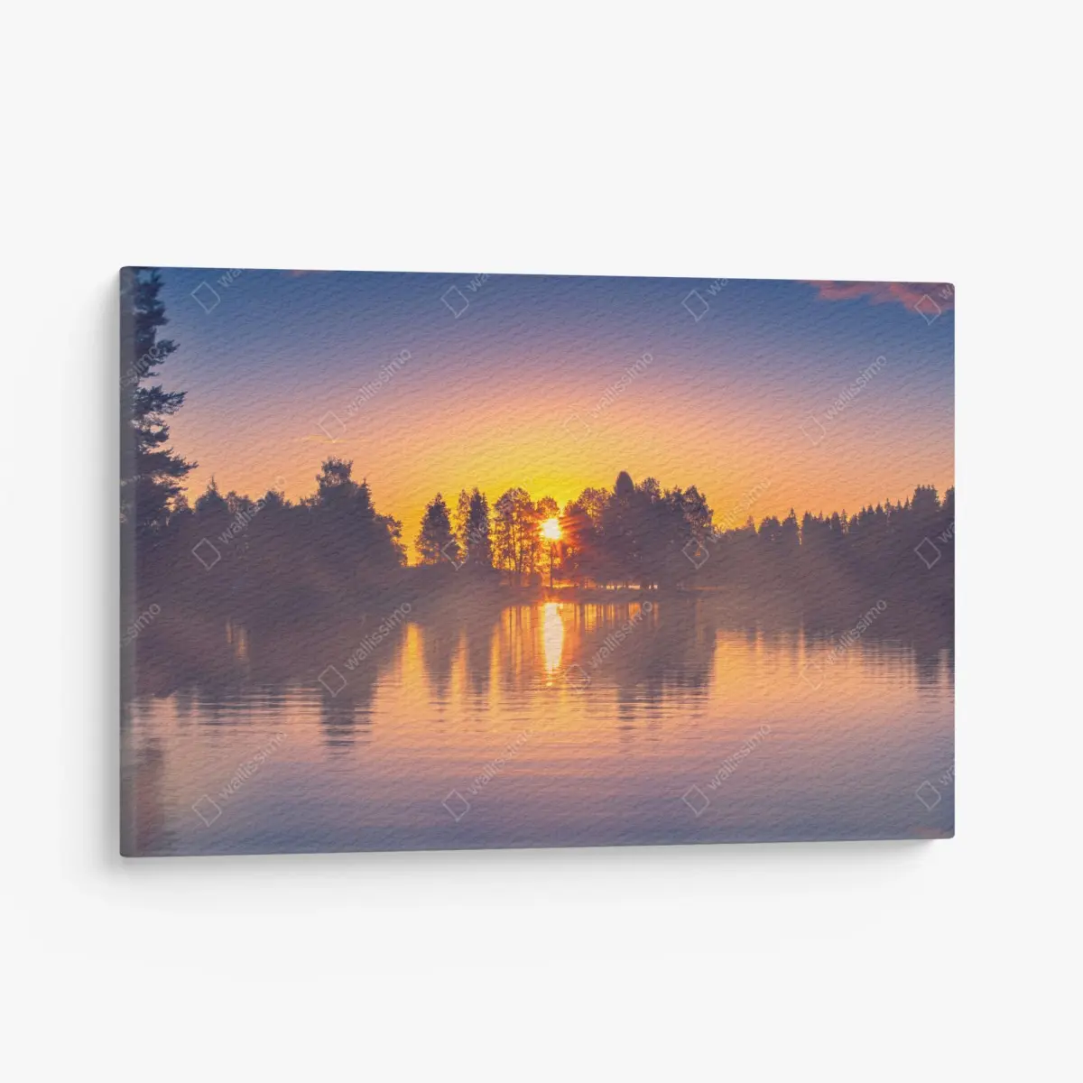 Leinwandbild nebliger sonnuntergang am see – Pixers®