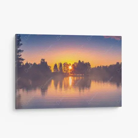 Leinwandbild nebliger sonnuntergang am see – Pixers®