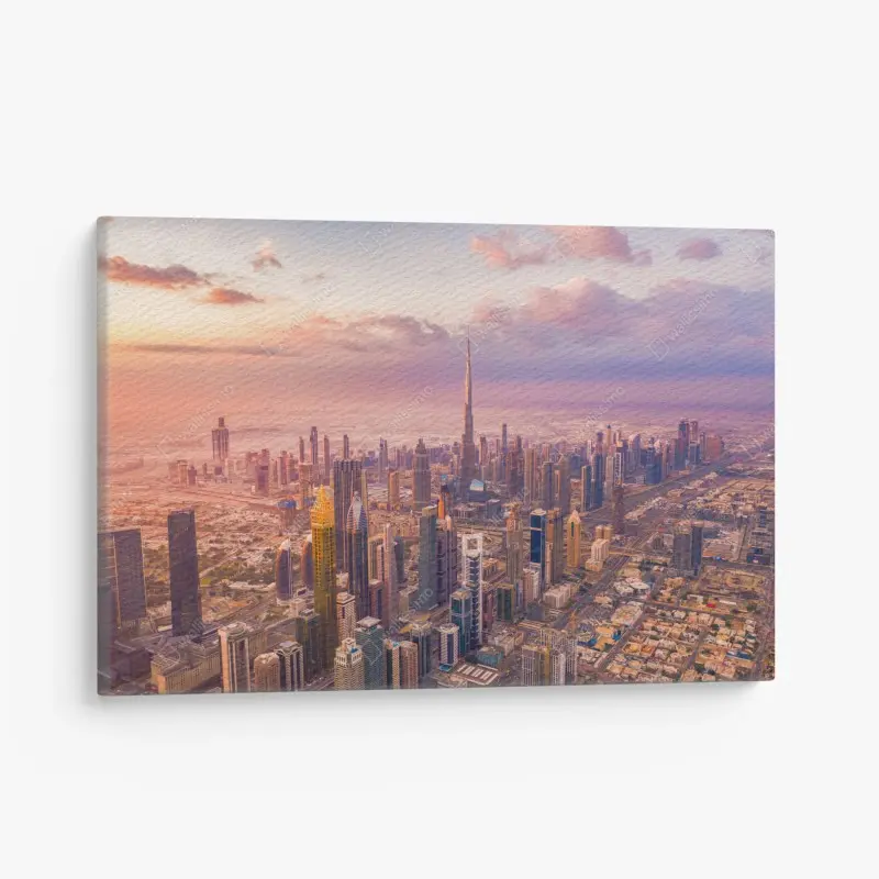 Leinwandbild sonnenuntergang über der skyline von Dubai mit Burj Khalifa