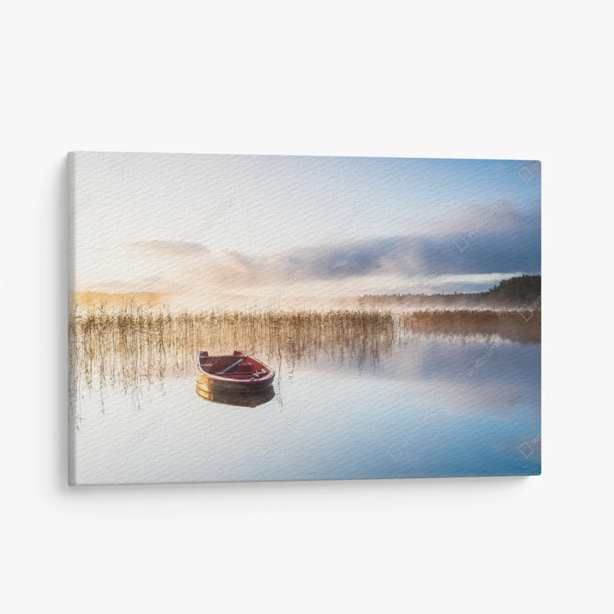Leinwandbild nebliger morgen am see mit rotem boot – Pixers®