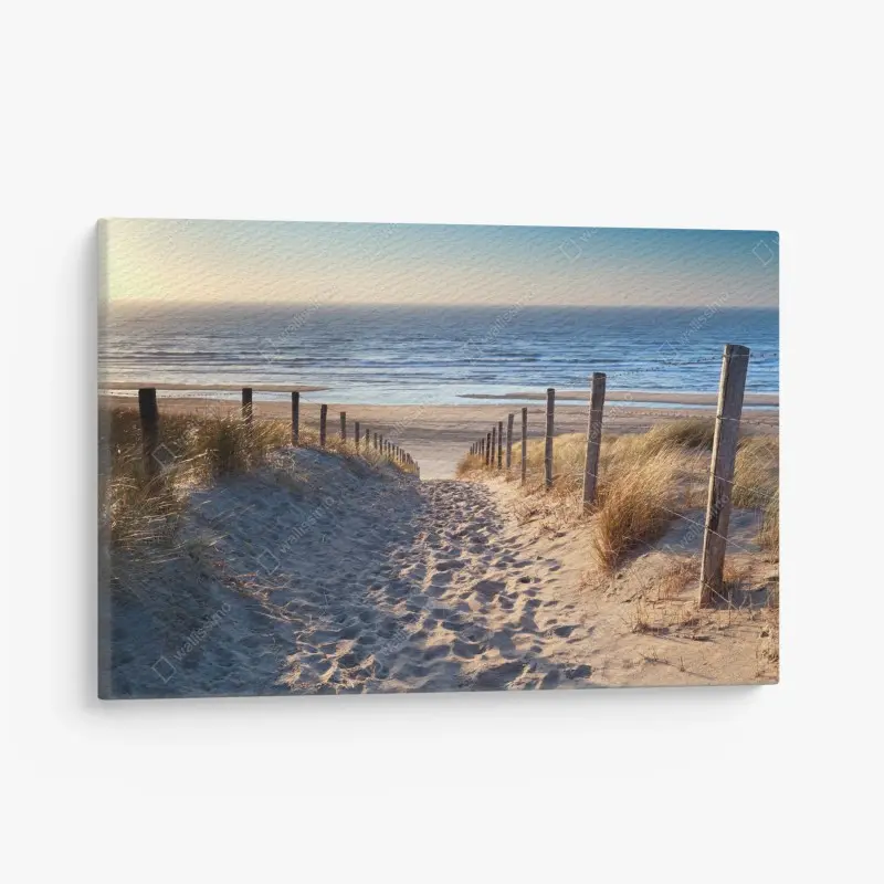 Leinwandbild weg zum strand der Nordsee im goldenen sonnenuntergang