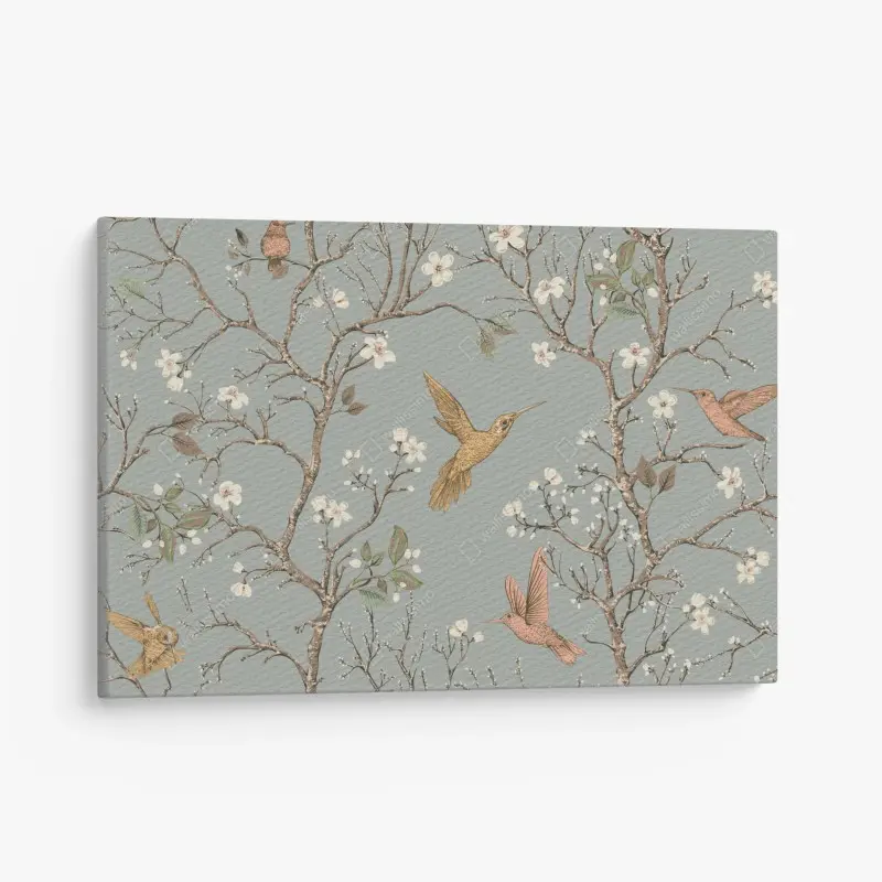 Leinwandbild vintage-muster mit kolibris und blüten