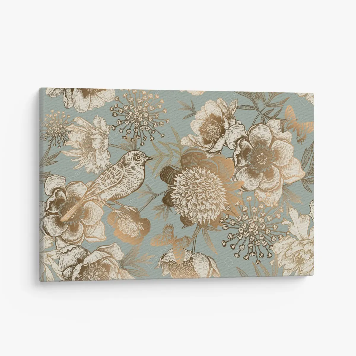 Leinwandbild vintage botanisches blumenmotiv mit vogel – Pixers®