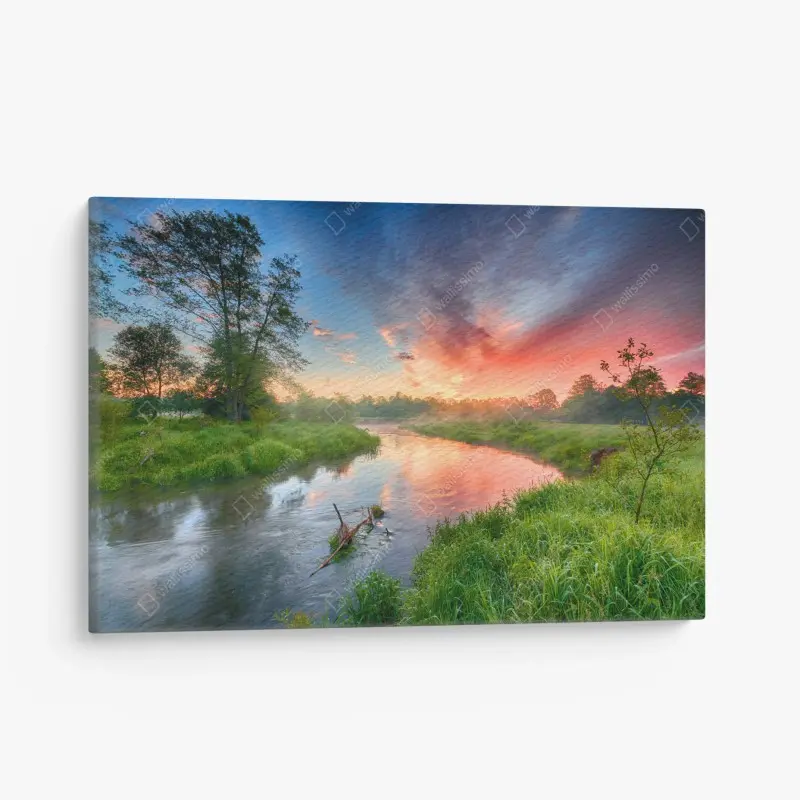 Leinwandbild sonnenaufgang über einem nebligen flussufer