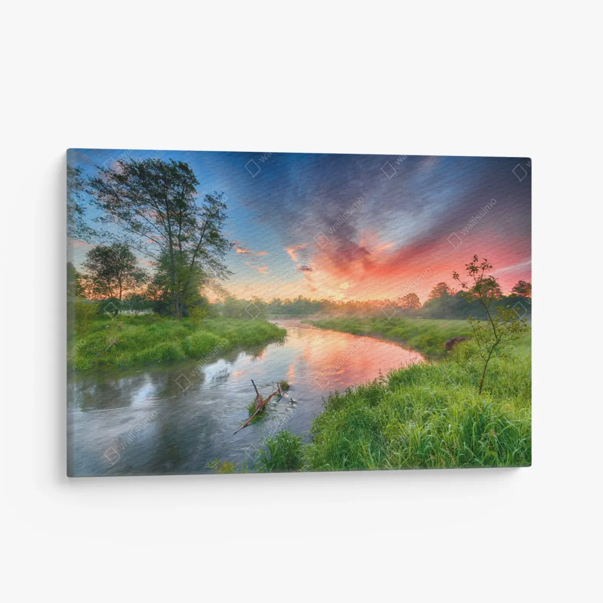Leinwandbild sonnenaufgang über einem nebligen flussufer – Pixers®