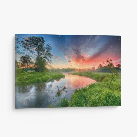 Leinwandbild sonnenaufgang über einem nebligen flussufer – Pixers®