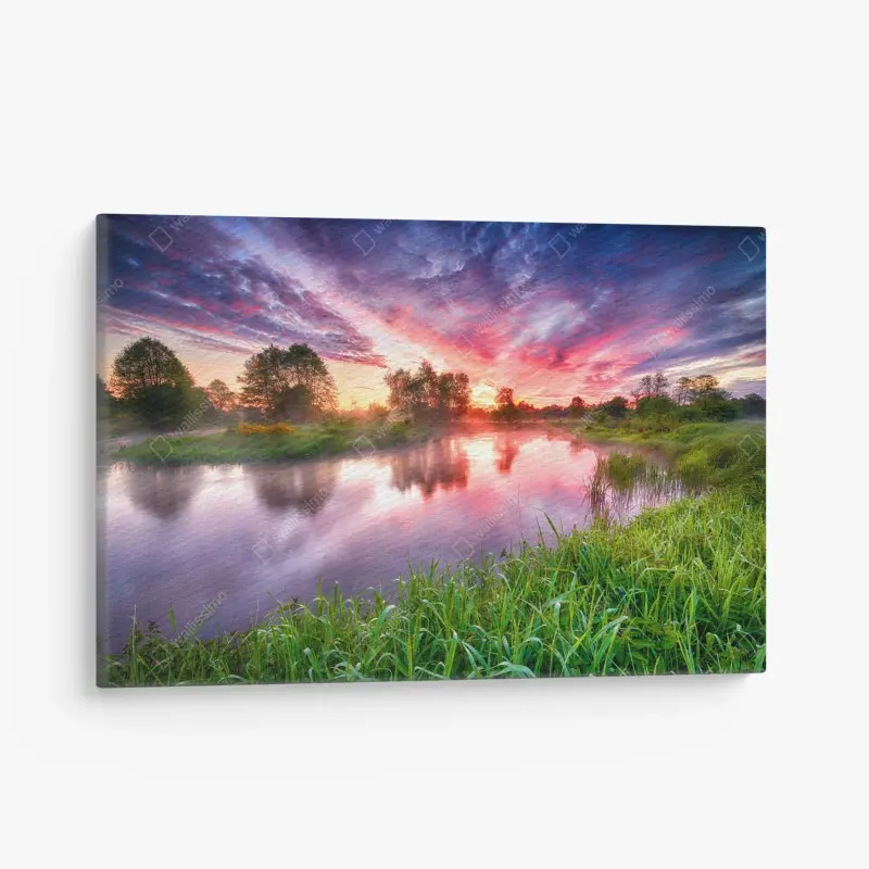 Leinwandbild ruhiger sommer sonnenaufgang am flussufer
