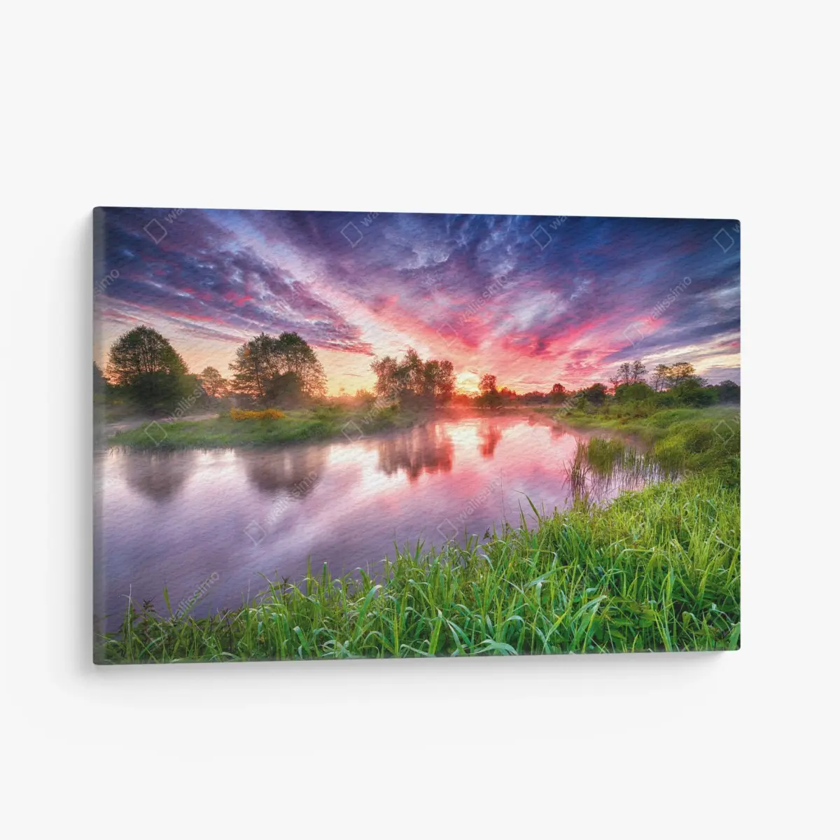 Leinwandbild ruhiger sommer sonnenaufgang am flussufer – Pixers®